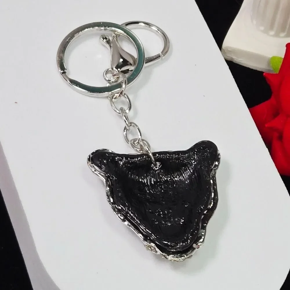 Silver Leopard Head Rhinestone Bag Charm Keychain Black Crystal Animal Keyring